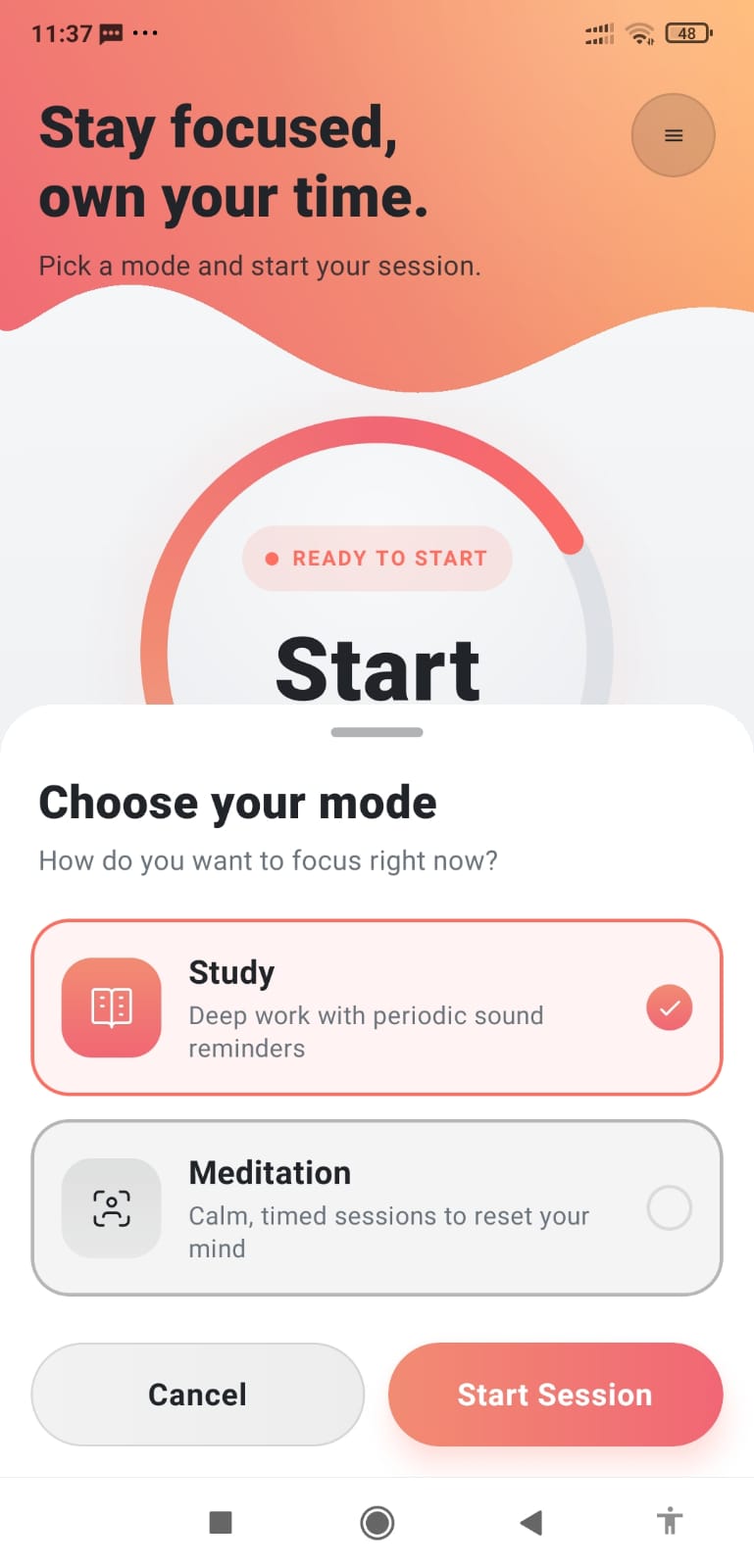 Focus choose your mode screen